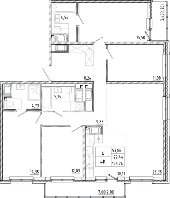 Планировка 5Е-к.кв 126.24 м² в ЖК «Окла Вижн», корпус 5.3.2