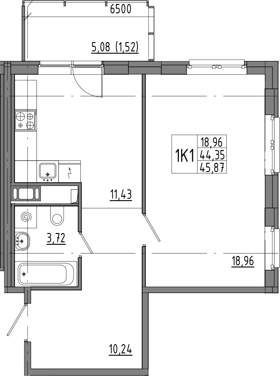 Планировка однокомнатная 45.87 м² в ЖК «ОКЛА», корпус 5.1.1