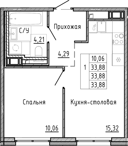 Планировка евродвушка (2Е) 33.88 м² в ЖК «ОКЛА», корпус 3.1.1