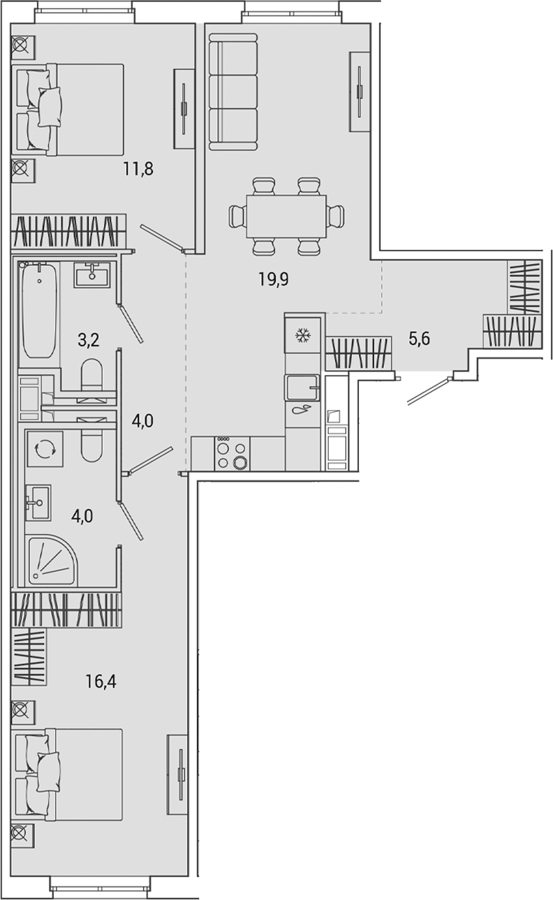 Планировка евротрёшка (3Е) 65.02 м² в ЖК «ОКЛА», корпус 3.2.3