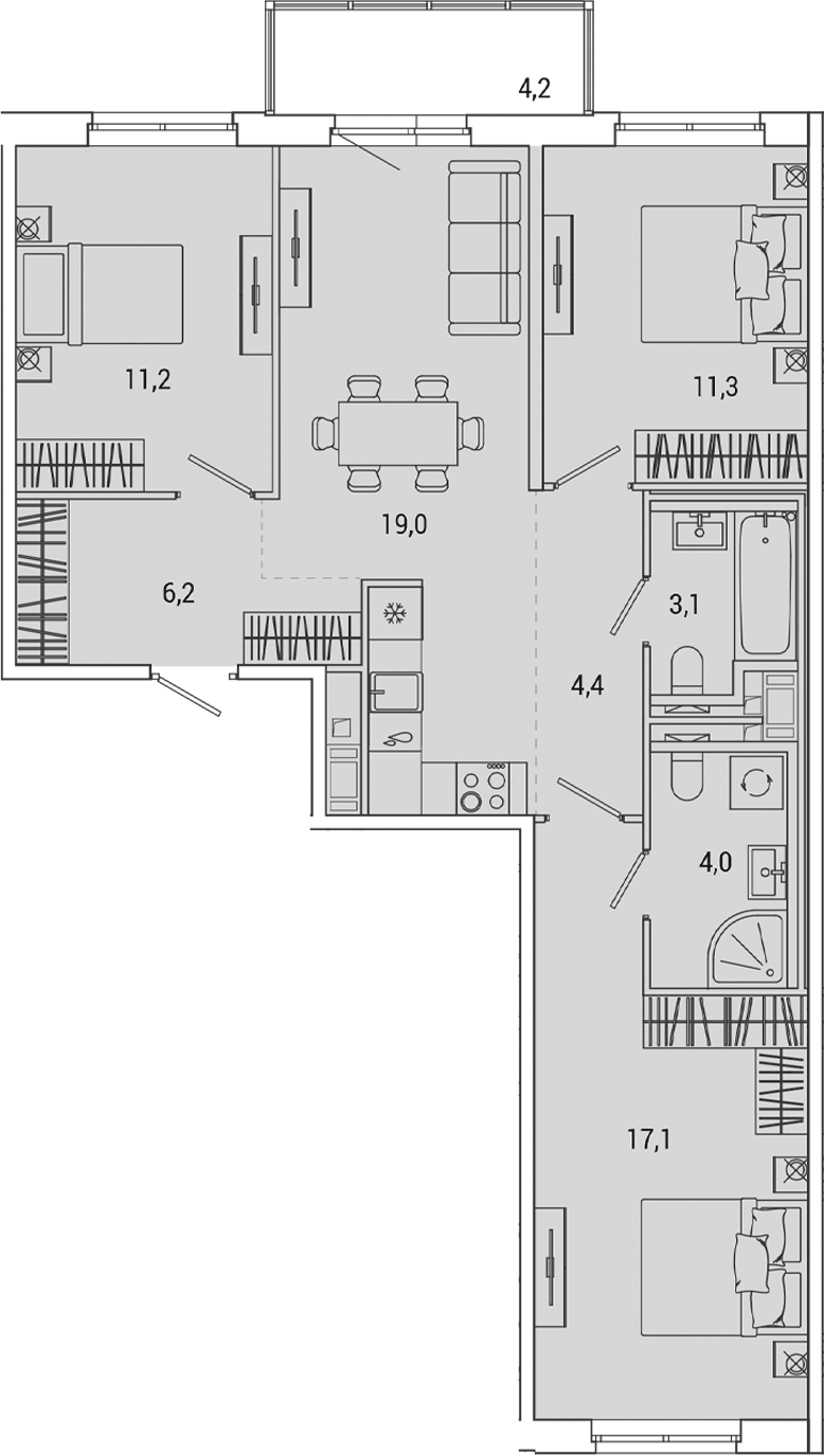 Планировка евро-4 (4Е) 77.66 м² в ЖК «ОКЛА», корпус 3.2.3