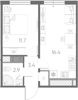 Планировка евродвушка (2Е) 34.4 м² в ЖК «Октябрьская набережная», корпус 4