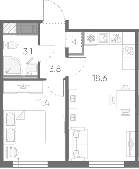 Планировка евродвушка (2Е) 36.9 м² в ЖК «Октябрьская набережная», корпус 3
