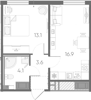 Планировка евродвушка (2Е) 37.7 м² в ЖК «Октябрьская набережная», корпус 4