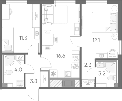 Планировка евротрёшка (3Е) 53.3 м² в ЖК «Октябрьская набережная», корпус 3