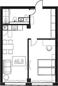 Планировка свободная планировка 46.7 м² в ЖК «Омега-Апарт от Авеню Апарт», корпус 1