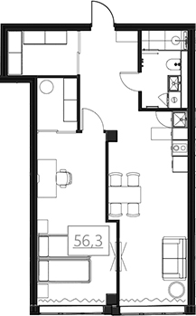 Планировка свободная планировка 56.3 м² в ЖК «Омега-Апарт от Авеню Апарт», корпус 1