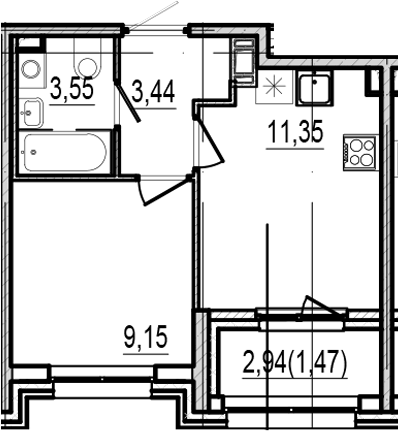 Планировка однокомнатная 28.96 м² в ЖК «Оптимист», корпус 1
