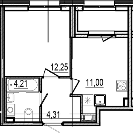 Планировка однокомнатная 33.24 м² в ЖК «Оптимист», корпус 1