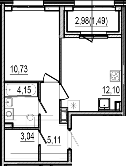 Планировка однокомнатная 36.62 м² в ЖК «Оптимист», корпус 1