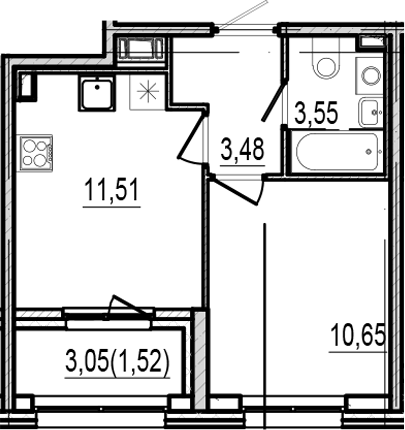 Планировка евродвушка (2Е) 30.71 м² в ЖК «Оптимист», корпус 1