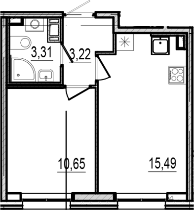 Планировка евродвушка (2Е) 32.67 м² в ЖК «Оптимист», корпус 1