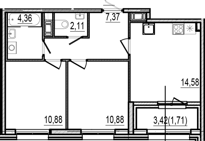 Планировка двухкомнатная 51.89 м² в ЖК «Оптимист», корпус 1