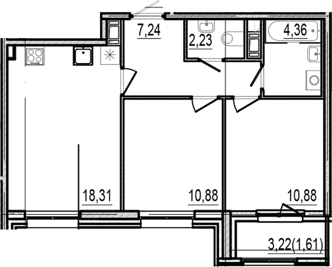 Планировка двухкомнатная 55.51 м² в ЖК «Оптимист», корпус 1