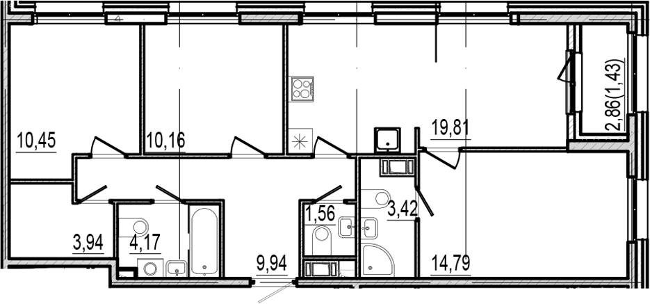 Планировка трёхкомнатная 79.67 м² в ЖК «Оптимист», корпус 1