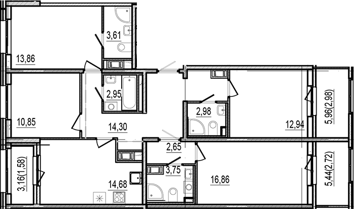 Планировка четырёхкомнатная 106.71 м² в ЖК «Оптимист», корпус 1