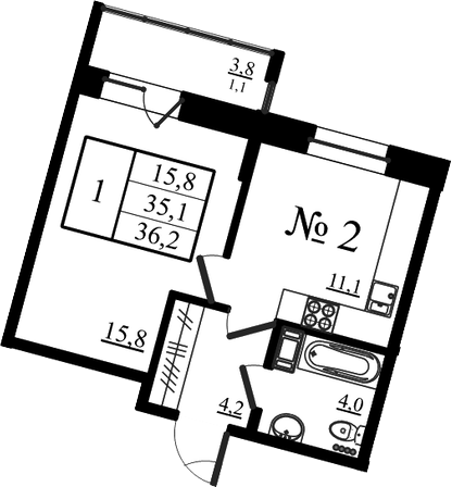 Планировка однокомнатная 36.2 м² в ЖК «Орловский бульвар», корпус 2
