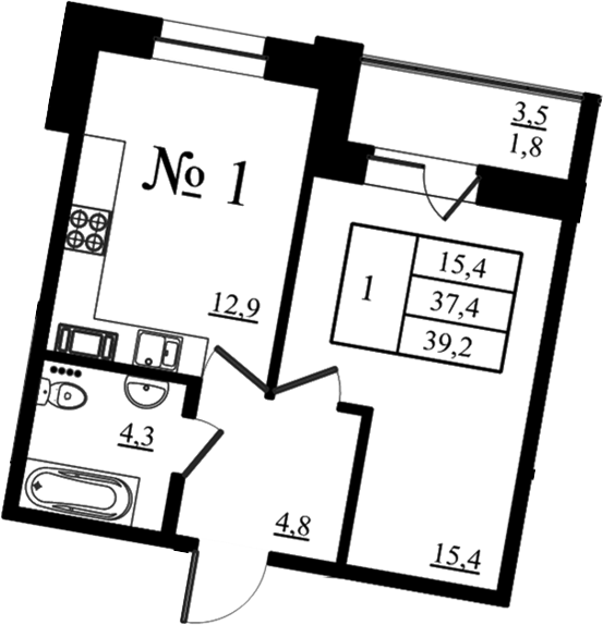 Планировка однокомнатная 39.2 м² в ЖК «Орловский бульвар», корпус 6