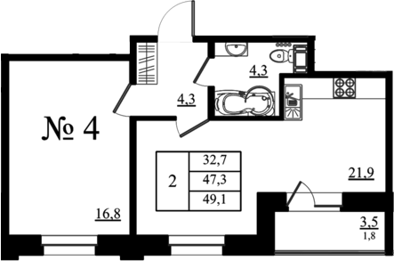 Планировка евродвушка (2Е) 49.1 м² в ЖК «Орловский бульвар», корпус 4