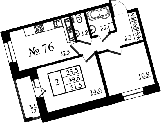 Планировка двухкомнатная 51.5 м² в ЖК «Орловский бульвар», корпус 2