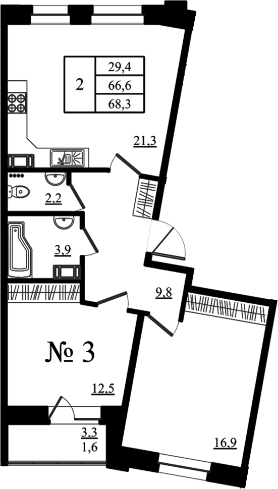 Планировка евротрёшка (3Е) 68.3 м² в ЖК «Орловский бульвар», корпус 6
