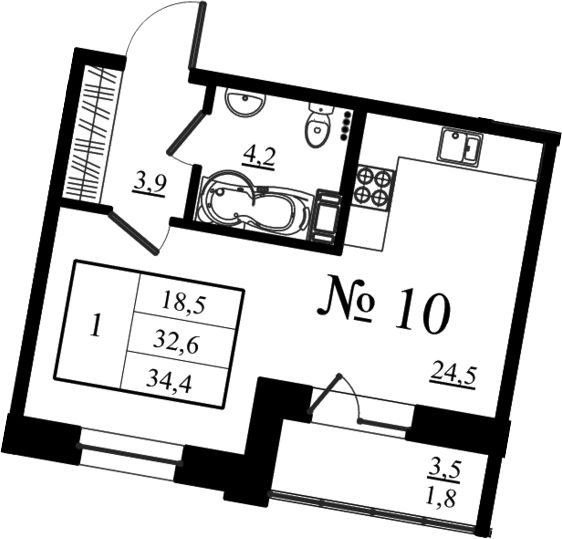 Планировка Студии 34.4 м² в ЖК «Орловский бульвар», корпус 6