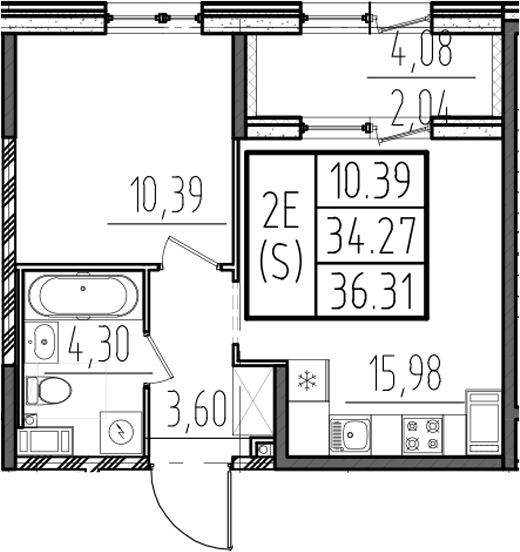 Планировка евродвушка (2Е) 36.31 м² в ЖК «ОРО от Аквилон», корпус 2