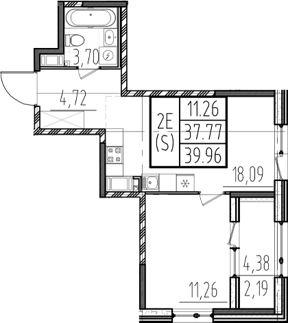 Планировка евродвушка (2Е) 39.96 м² в ЖК «ОРО от Аквилон», корпус 2