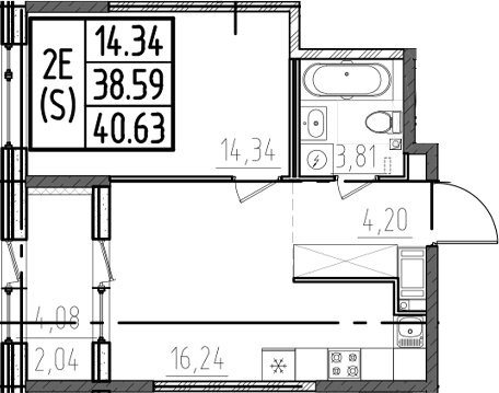Планировка евродвушка (2Е) 40.63 м² в ЖК «ОРО от Аквилон», корпус 1