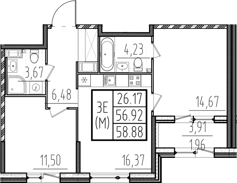 Планировка евротрёшка (3Е) 58.88 м² в ЖК «ОРО от Аквилон», корпус 2