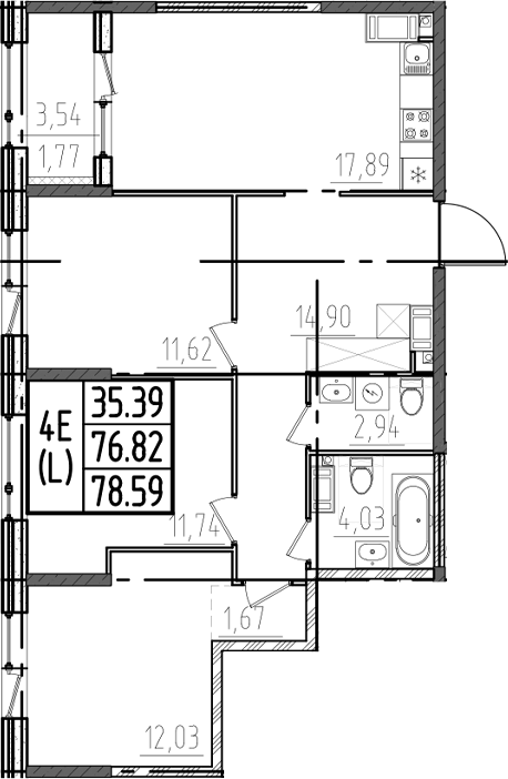 Планировка евро-4 (4Е) 78.59 м² в ЖК «ОРО от Аквилон», корпус 1