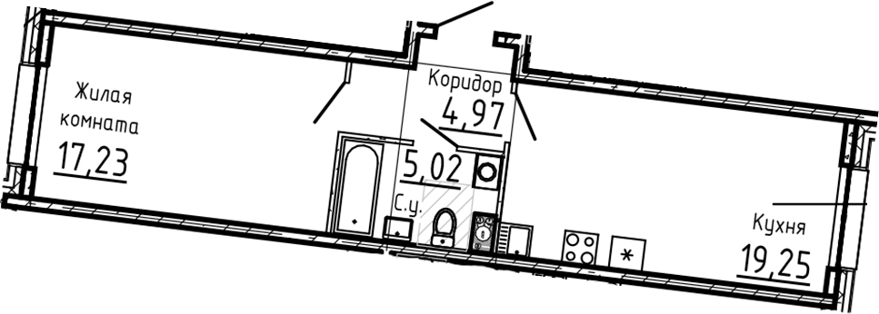 Планировка евродвушка (2Е) 46.47 м² в ЖК «Остров Первых», корпус 2