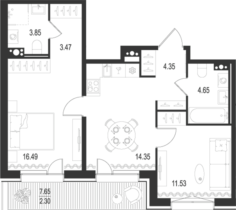 Планировка двухкомнатная 63.29 м² в ЖК «Остров Первых», корпус 2