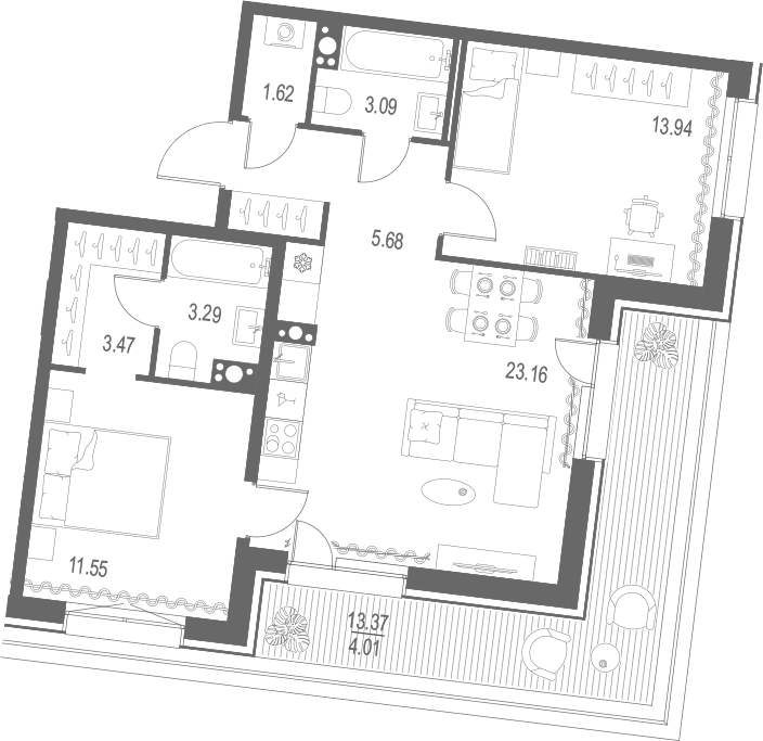Планировка евротрёшка (3Е) 69.81 м² в ЖК «Остров Первых», корпус 2