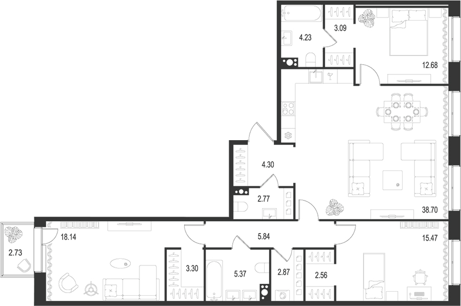 Планировка евро-4 (4Е) 120.14 м² в ЖК «Остров Первых», корпус 1