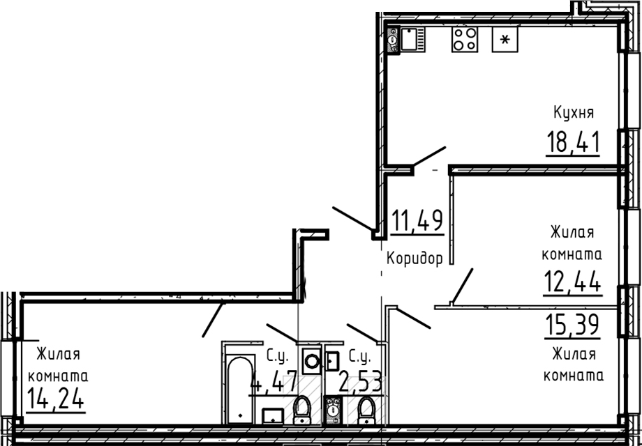 Планировка евро-4 (4Е) 78.97 м² в ЖК «Остров Первых», корпус 2