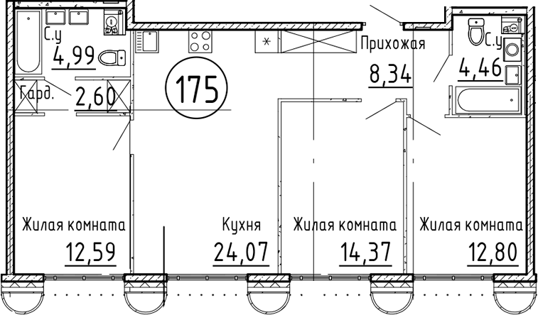 Планировка евро-4 (4Е) 84.22 м² в ЖК «Остров Первых», корпус 3