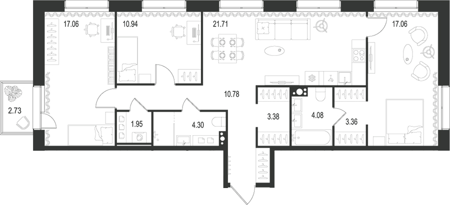 Планировка евро-4 (4Е) 95.44 м² в ЖК «Остров Первых», корпус 1