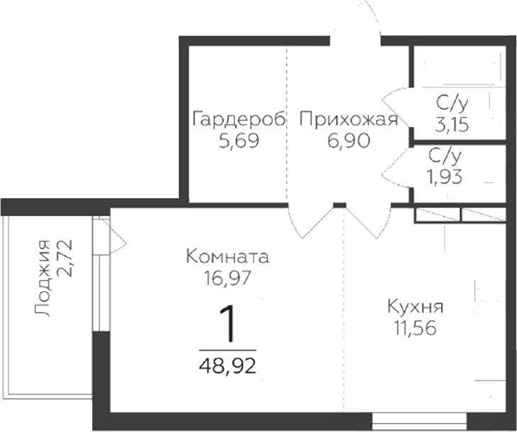 Планировка однокомнатная 48.92 м² в ЖК «Панорама Юкки. ГК Развитие. Санкт-Петербург», корпус 4