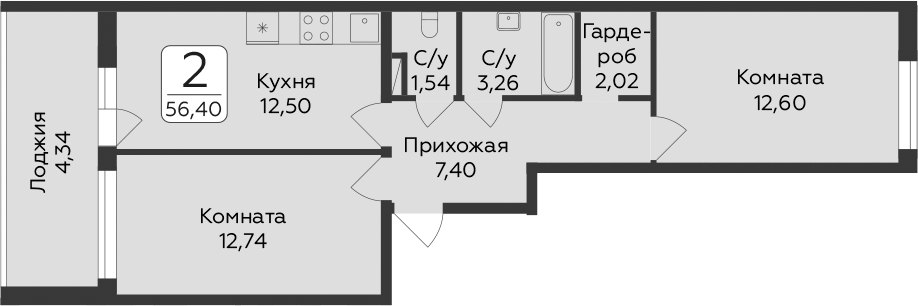 Планировка двухкомнатная 56.4 м² в ЖК «Панорама Юкки. ГК Развитие. Санкт-Петербург», корпус 6