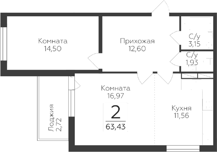 Планировка двухкомнатная 63.43 м² в ЖК «Панорама Юкки. ГК Развитие. Санкт-Петербург», корпус 4