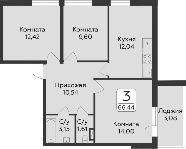 Планировка трёхкомнатная 66.44 м² в ЖК «Панорама Юкки. ГК Развитие. Санкт-Петербург», корпус 6