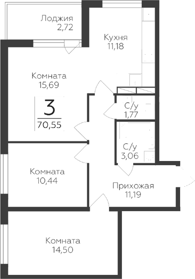 Планировка трёхкомнатная 70.55 м² в ЖК «Панорама Юкки. ГК Развитие. Санкт-Петербург», корпус 4