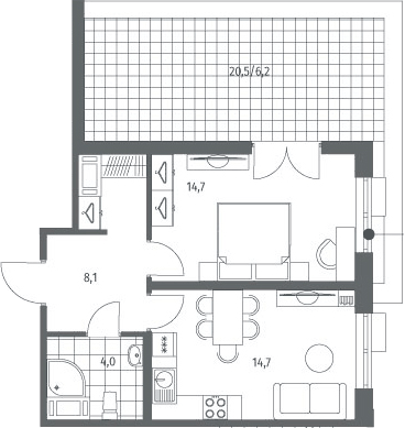 Планировка однокомнатная 47.7 м² в ЖК «Парусная 1», корпус 2.3