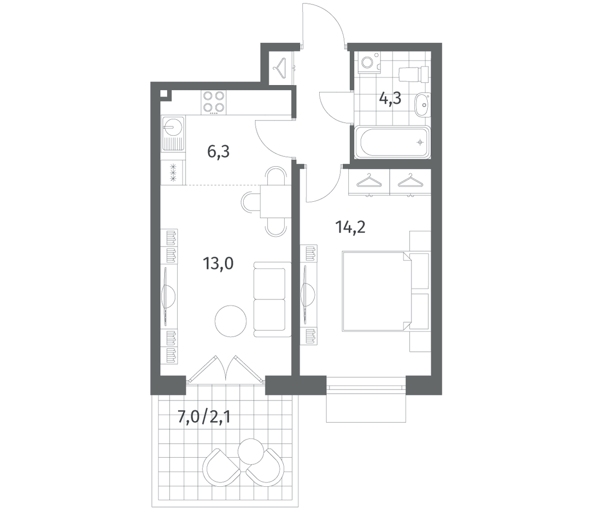 Планировка евродвушка (2Е) 43.5 м² в ЖК «Парусная 1», корпус 3.2