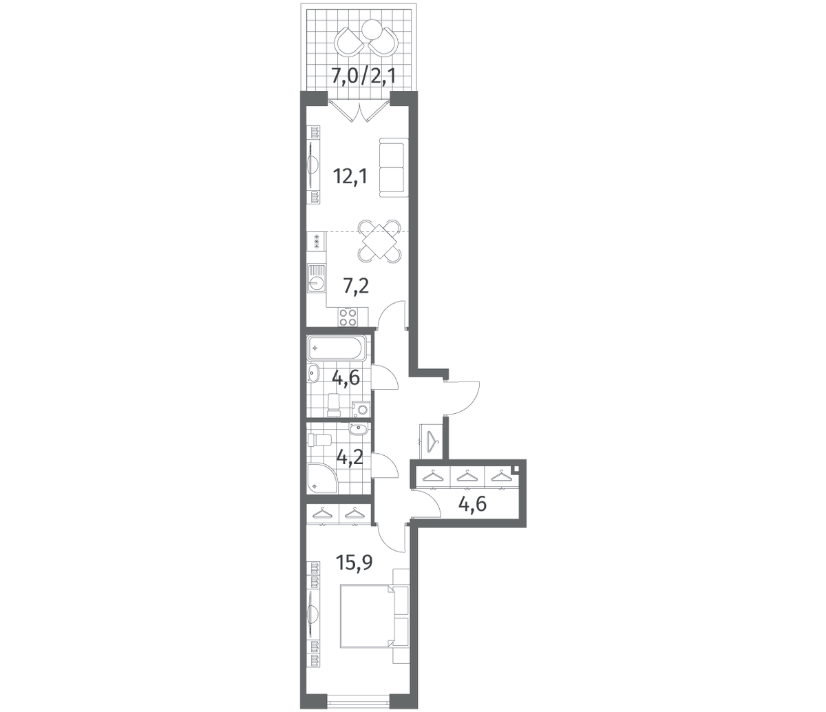 Планировка евродвушка (2Е) 58.7 м² в ЖК «Парусная 1», корпус 3.2