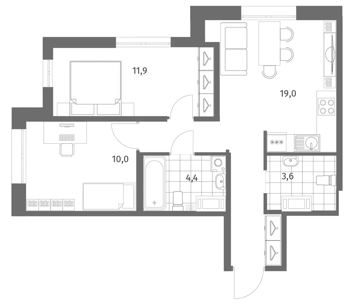 Планировка евротрёшка (3Е) 53.9 м² в ЖК «Парусная 1», корпус 4.1