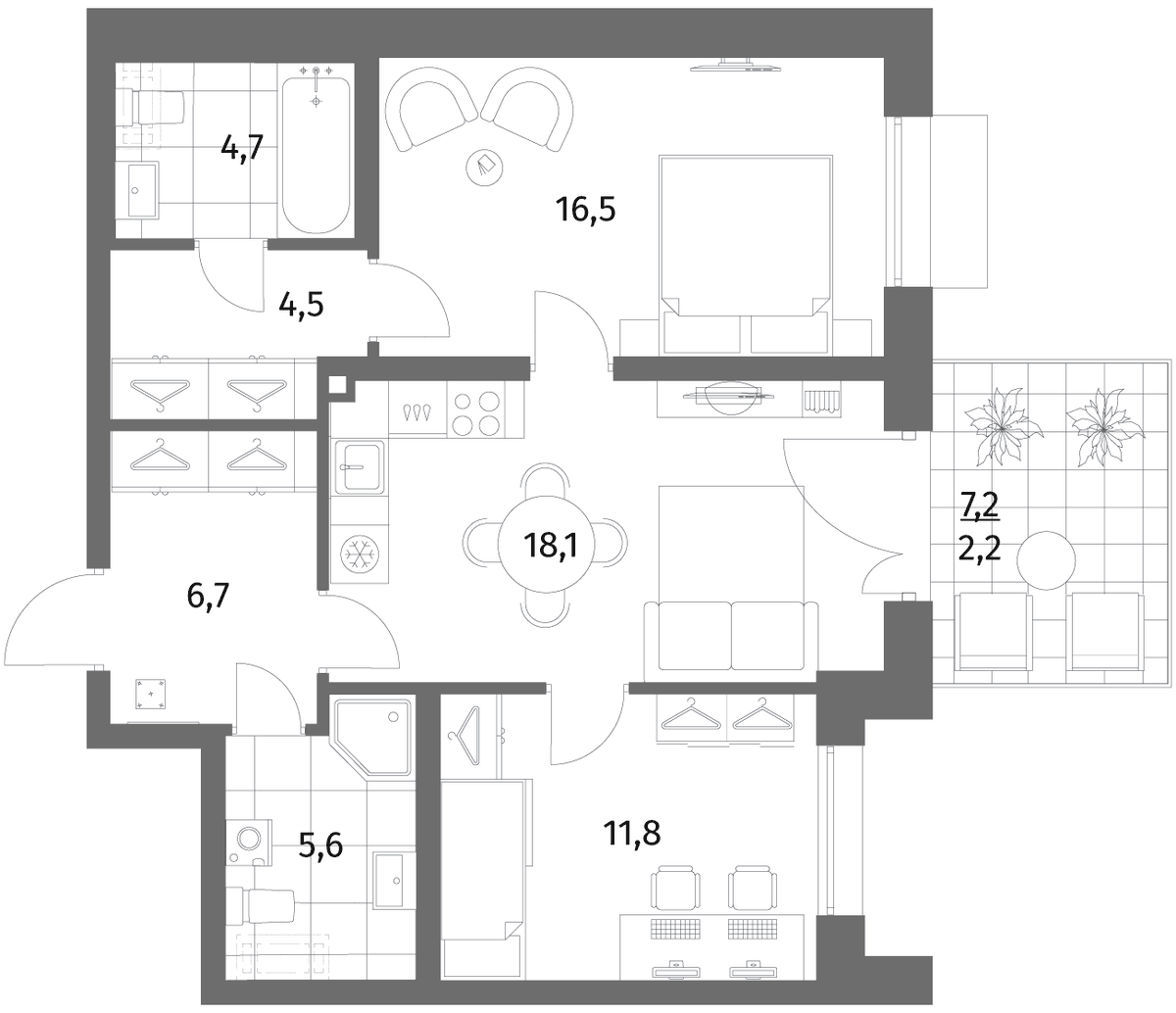 Планировка евротрёшка (3Е) 70.1 м² в ЖК «Парусная 1», корпус 2.3