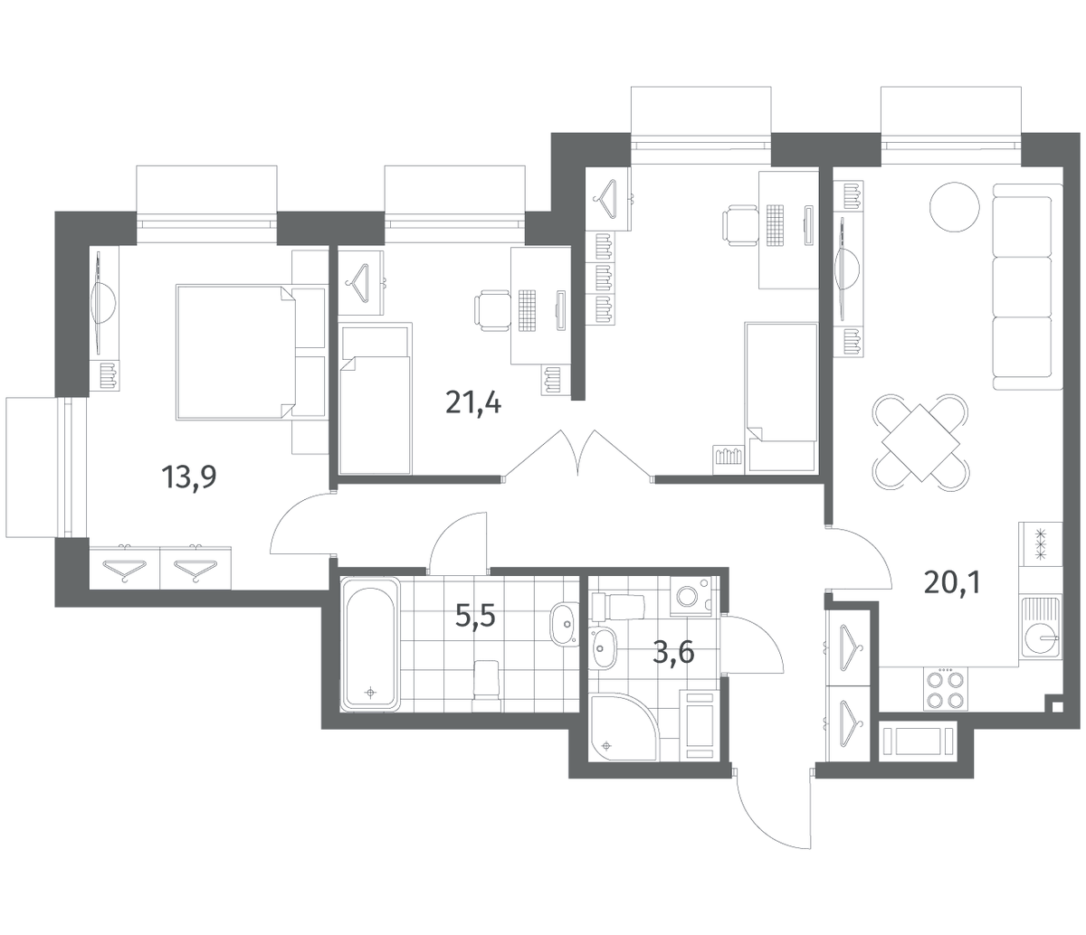 Планировка евротрёшка (3Е) 75.9 м² в ЖК «Парусная 1», корпус 3.2