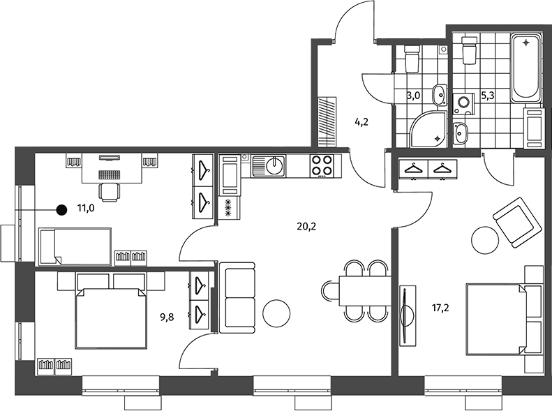 Планировка евро-4 (4Е) 70.7 м² в ЖК «Парусная 1», корпус 4.1